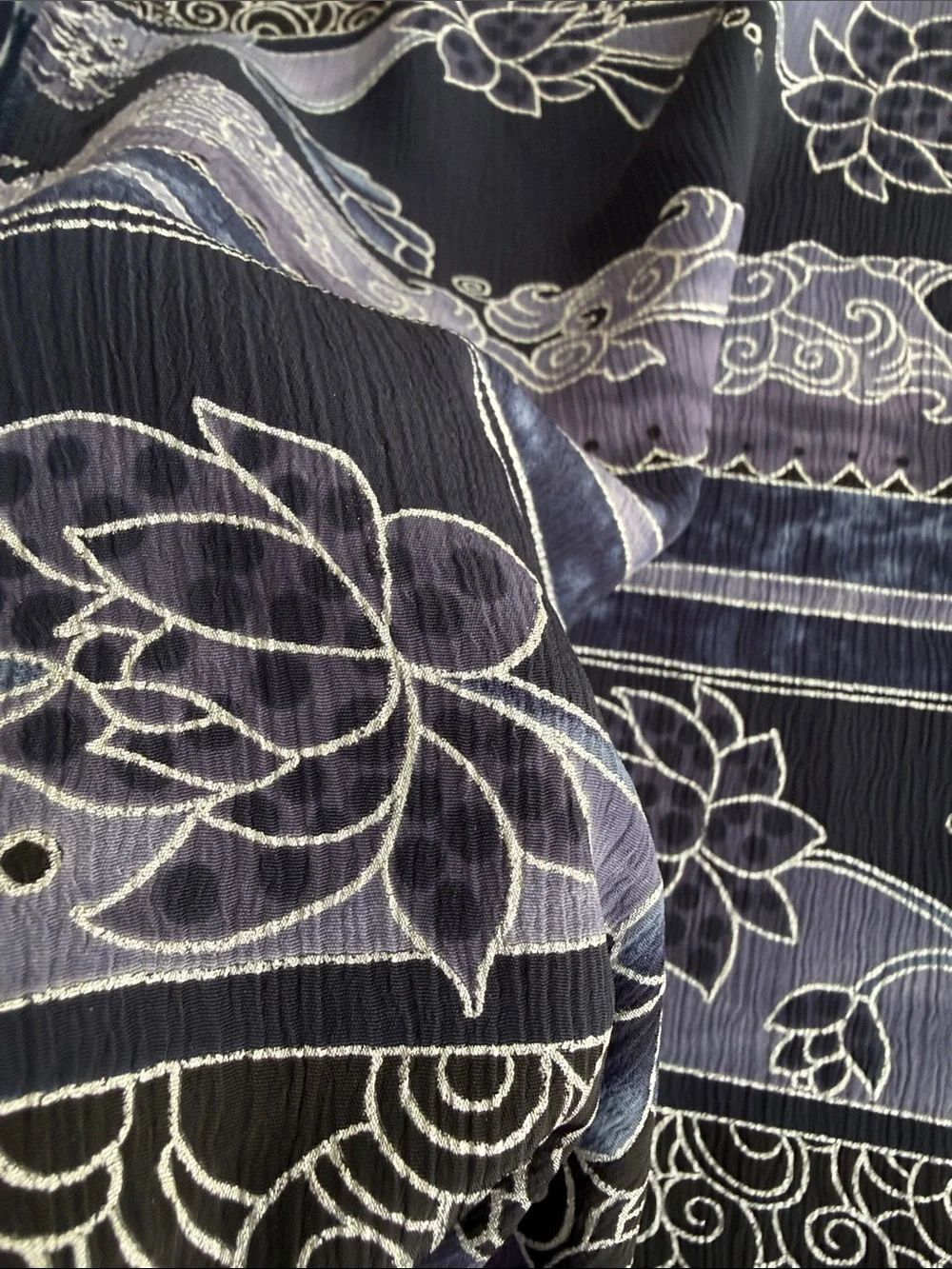 Vintage 1980s Crinkle Crepe Fabric Asian Floral Stripe Black Blue 3 1/3 Yds